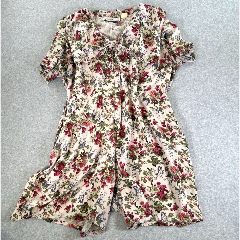 VTG Diana Marco Floral Romper Womens L Pink Rose Cottagecore Large Collar 80s 90
